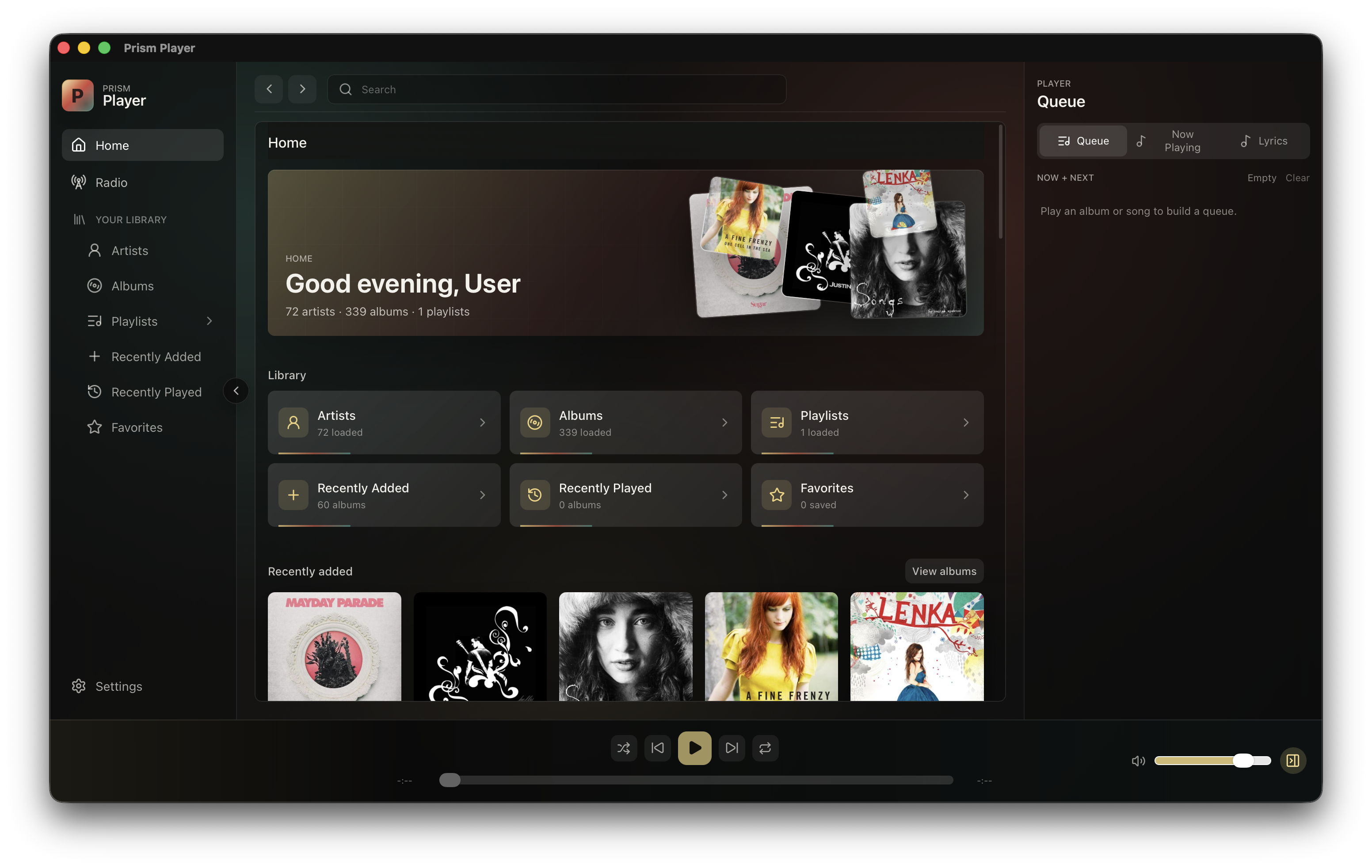 Prism Player showing a music library on its home screen